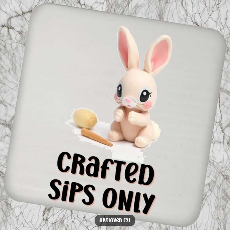 Funny coaster featuring a focused rabbit carefully sculpting a small clay figure, adding artistic charm to drink service.