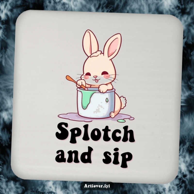 Funny art rabbit coasters, a set of protective mats featuring a playful bunny artist with a paint-covered paw.