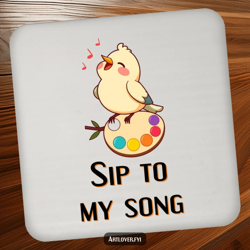 Funny coaster featuring a happy bird singing on a colorful palette, adding musical and artistic charm.