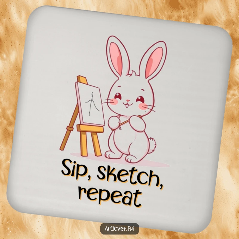 Funny Bunny Artist Coaster featuring a cute kawaii bunny with an easel, protecting surfaces with adorable charm.