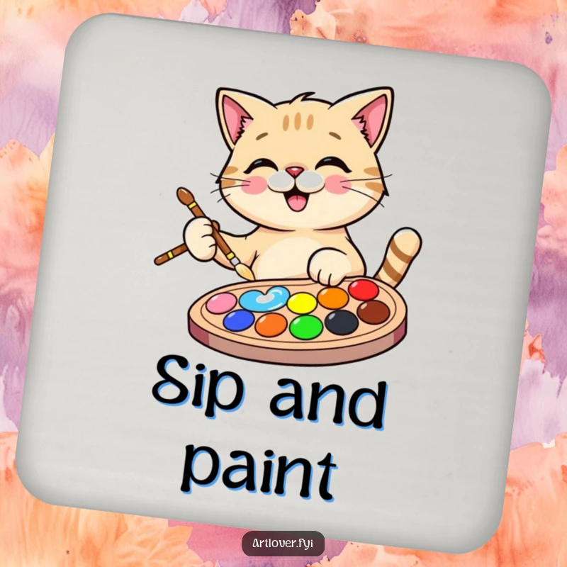 Funny Cat Artist Coaster featuring a happy cat holding a paintbrush and palette, protecting surfaces with feline humor.