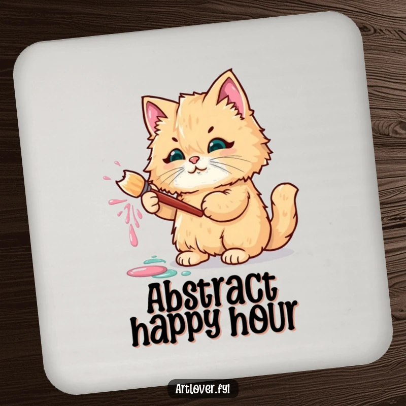 Funny drink coasters featuring a fluffy cat holding a paintbrush, splattering colorful paint.