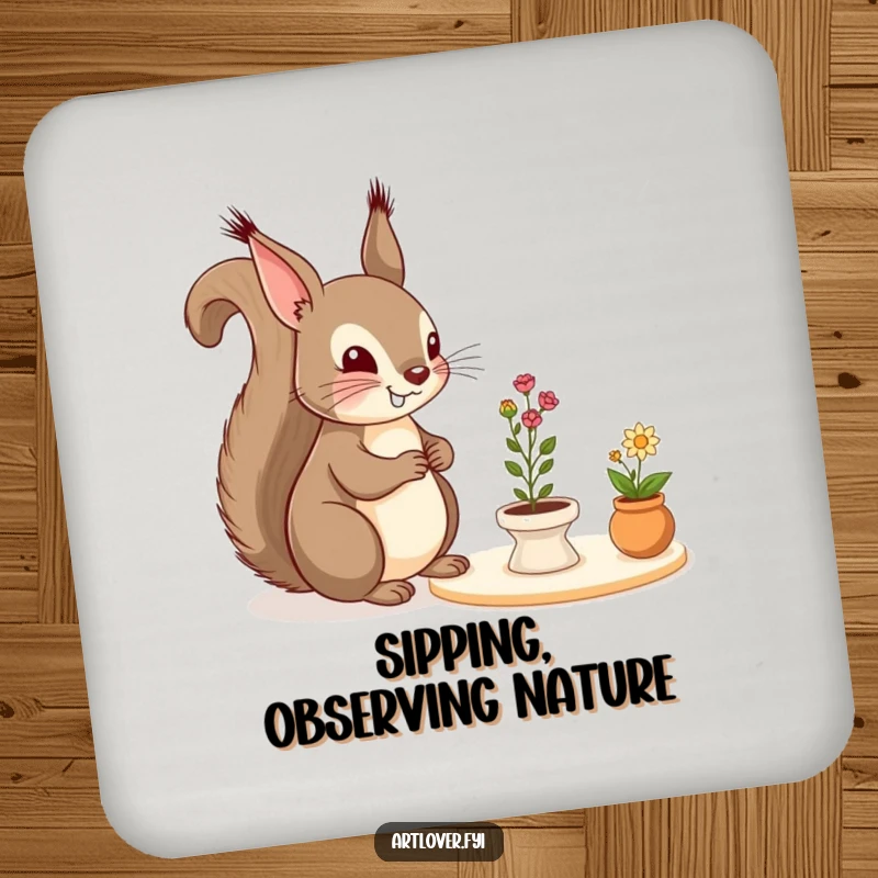 Funny Coaster: A cheerful squirrel admires a miniature still life arrangement, protecting your surfaces with artistic flair and woodland charm.