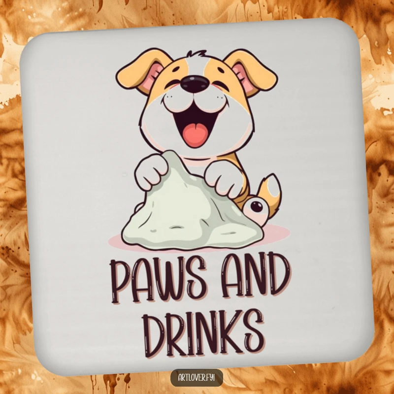 Funny Dog Sculptor Coaster with a dog joyfully sculpting clay with its paws, a functional and funny gift.