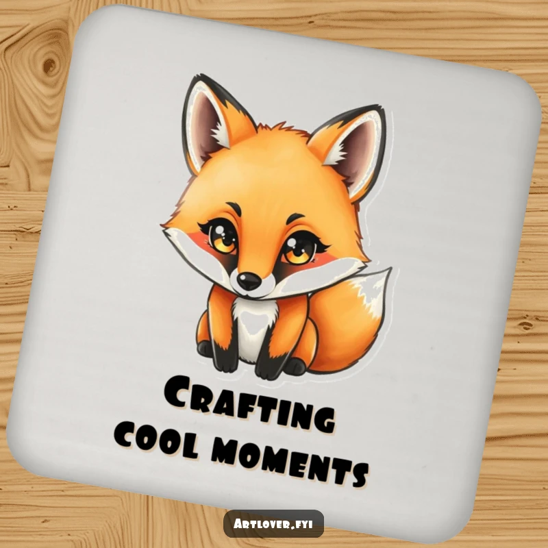 Funny fox with concentrated eyes drawing with a charcoal stick, a humorous artist-themed design on a drink coaster.