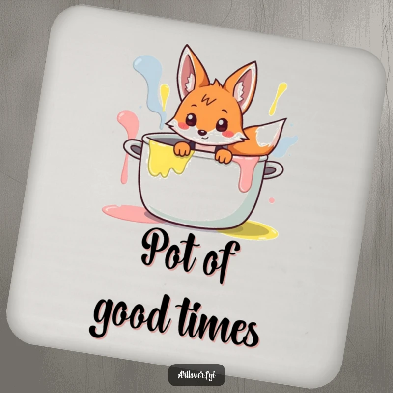 Funny Fox Artist Drink Coaster: Curious fox character peeking from a giant paint pot, protecting surfaces with artful charm.