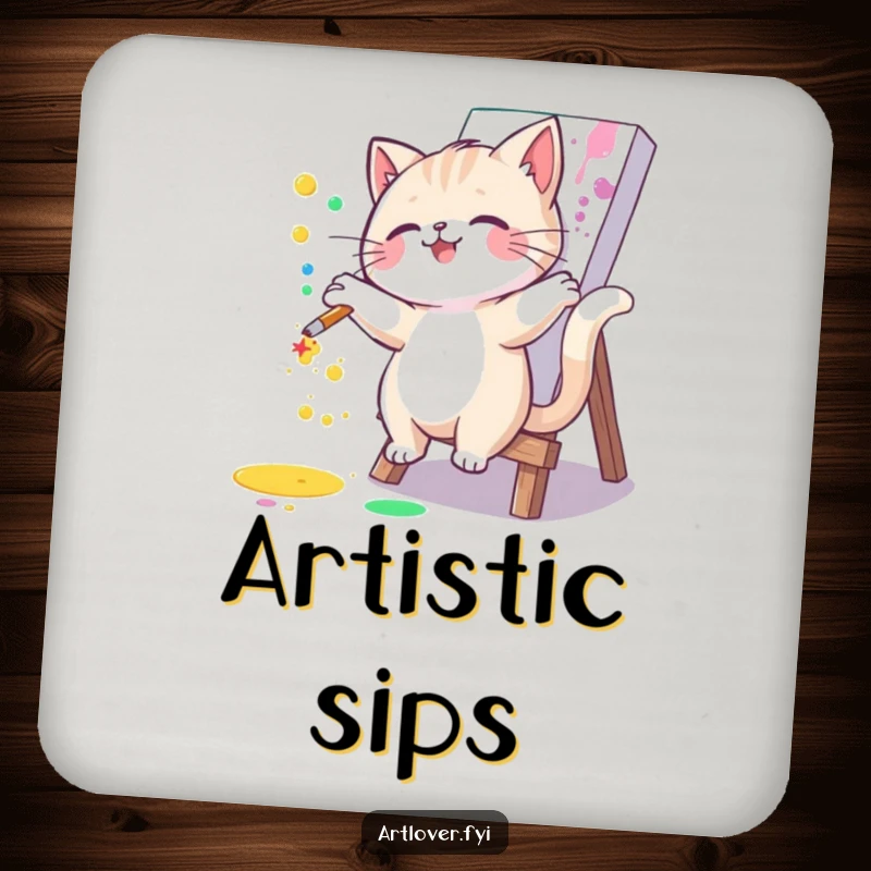 Funny cat coasters with a joyful artist cat splattering paint on a canvas. Humorous and artistic drink protection for your home.