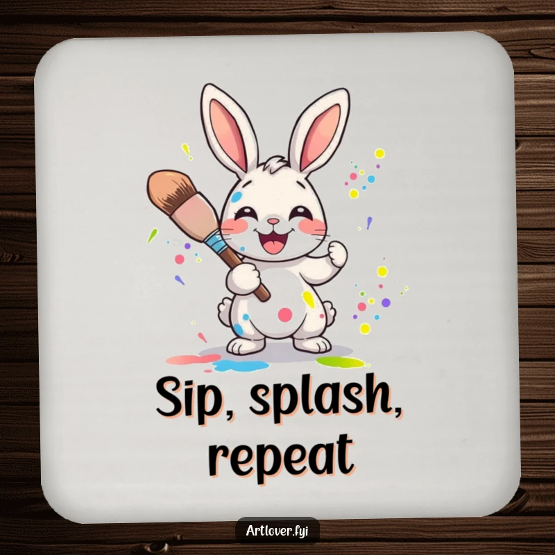 Funny Rabbit Artist Drink Coaster: Joyful rabbit character happily splattering vibrant paint colors with a large paintbrush, protecting surfaces.