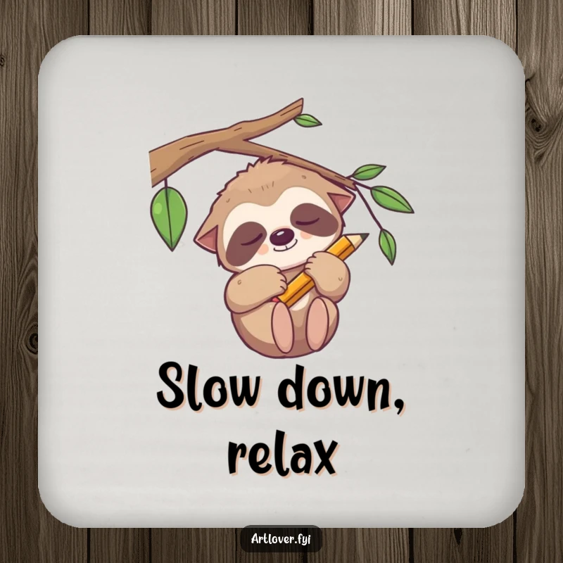 Funny sleepy sloth drink coasters, a relaxed artist holding a pencil, protecting furniture with charm.