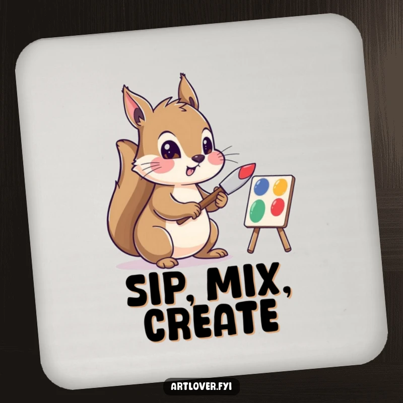 Funny drink coasters featuring a squirrel artist mixing paint, protecting surfaces with artistic flair and humor.
