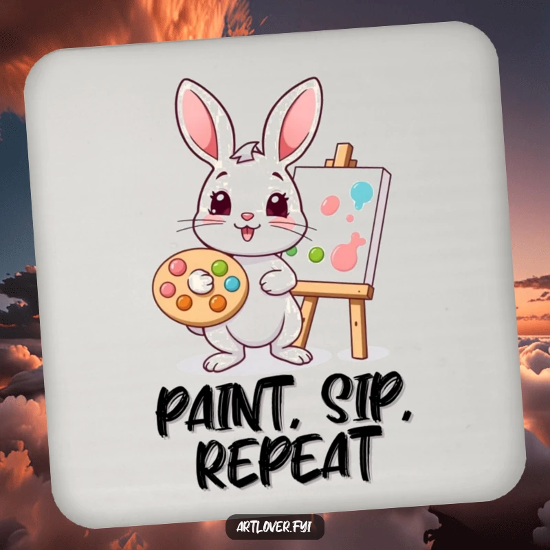 Funny rabbit coasters featuring a playful bunny artist with a palette, dabbing paint onto a canvas, protecting surfaces.
