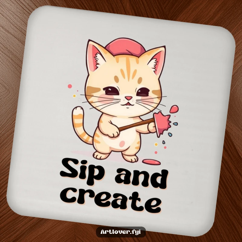 Funny drink coaster with a determined cat artist, wearing a beret, enthusiastically splattering paint, a humorous touch for any surface.