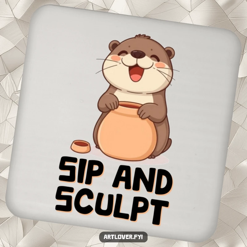 Funny Coaster featuring a smiling otter crafting a clay pot, a charming and protective addition to any table.