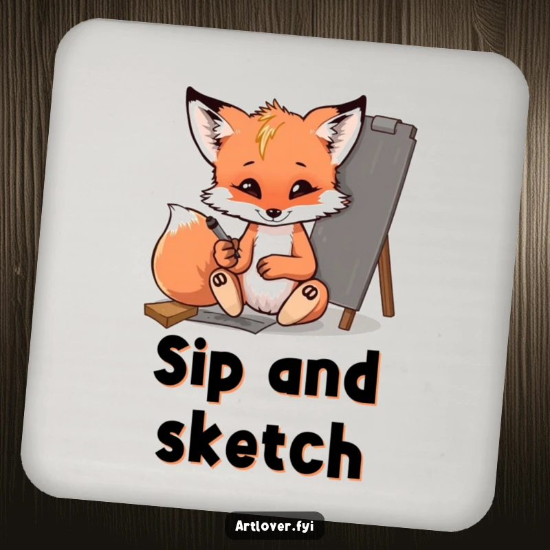 Funny fox cub drink coasters, a mischievous cub sketching with charcoal, protecting surfaces with artistic flair.