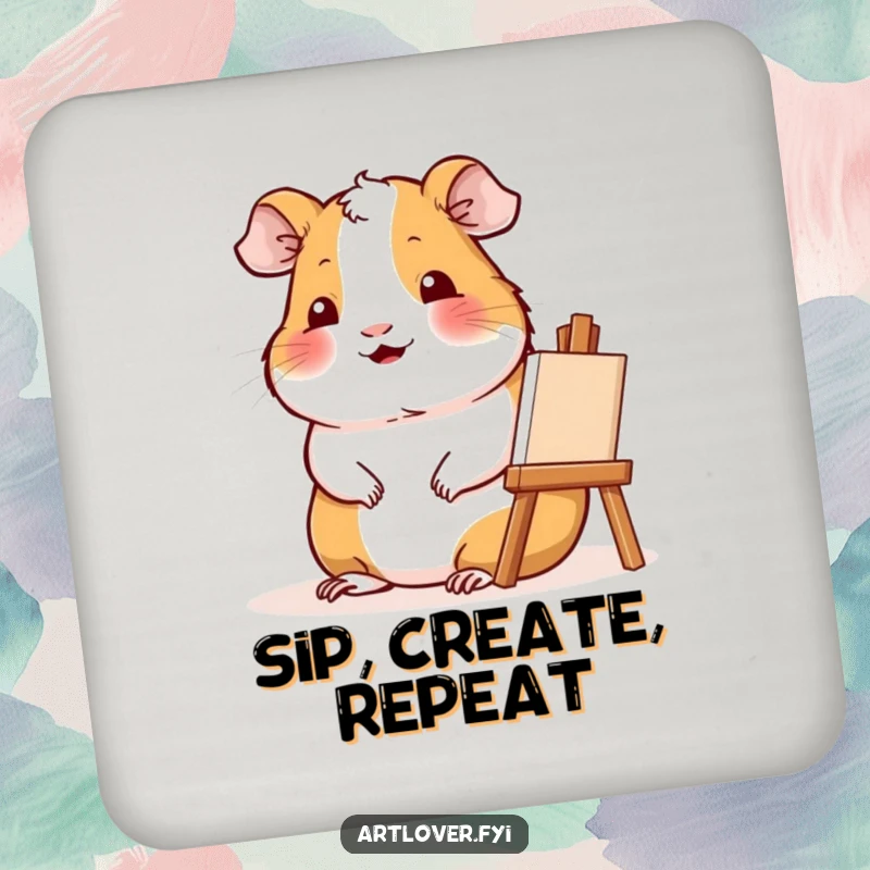 Funny Artist Guinea Pig Drink Coaster: Contented guinea pig smiles beside easel, protecting surfaces with artful humor.
