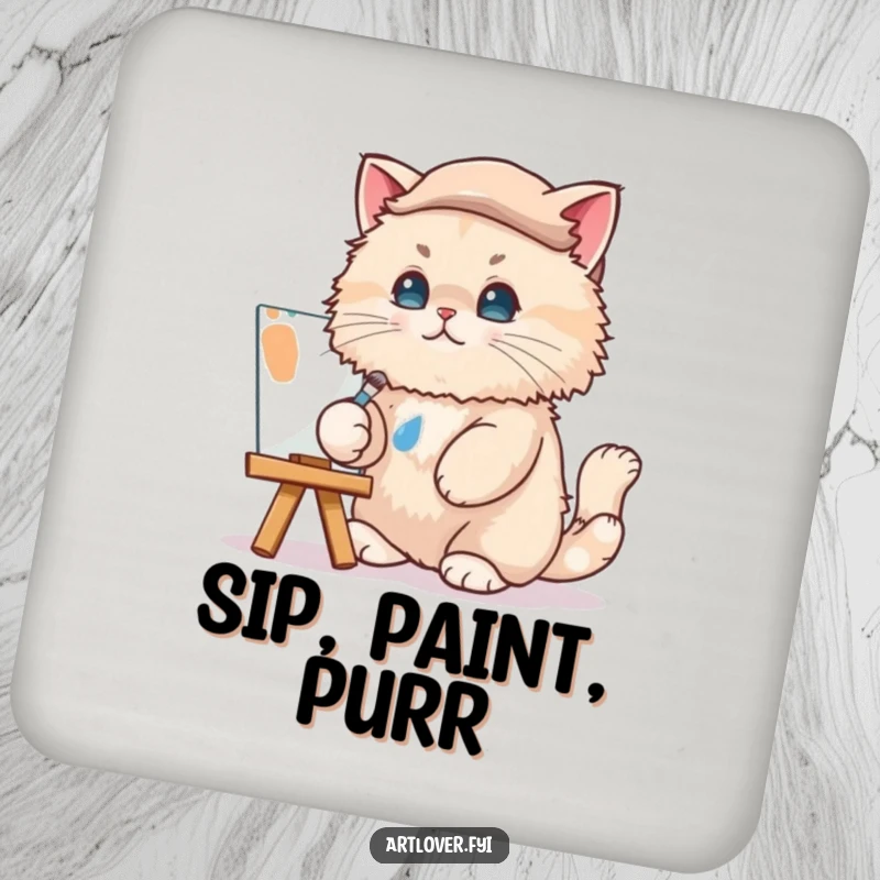 Funny Cat Artist Coasters: A beret-wearing cat artist humorously protects surfaces, adding a stylish and funny touch.