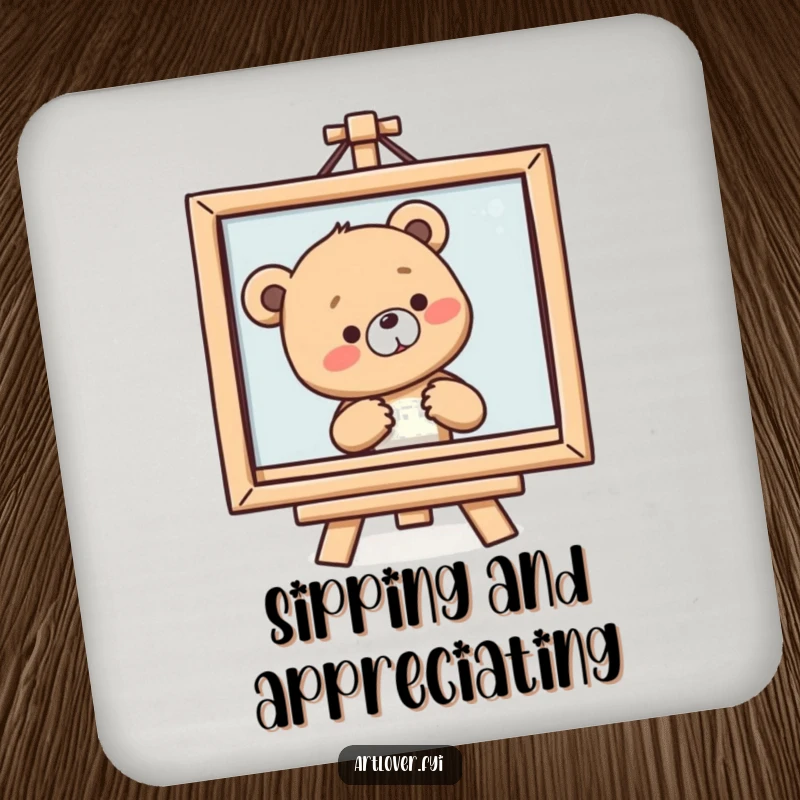 Funny Bear Cub Art Coaster featuring a smiling cub sighing at a framed painting, protecting surfaces with art.