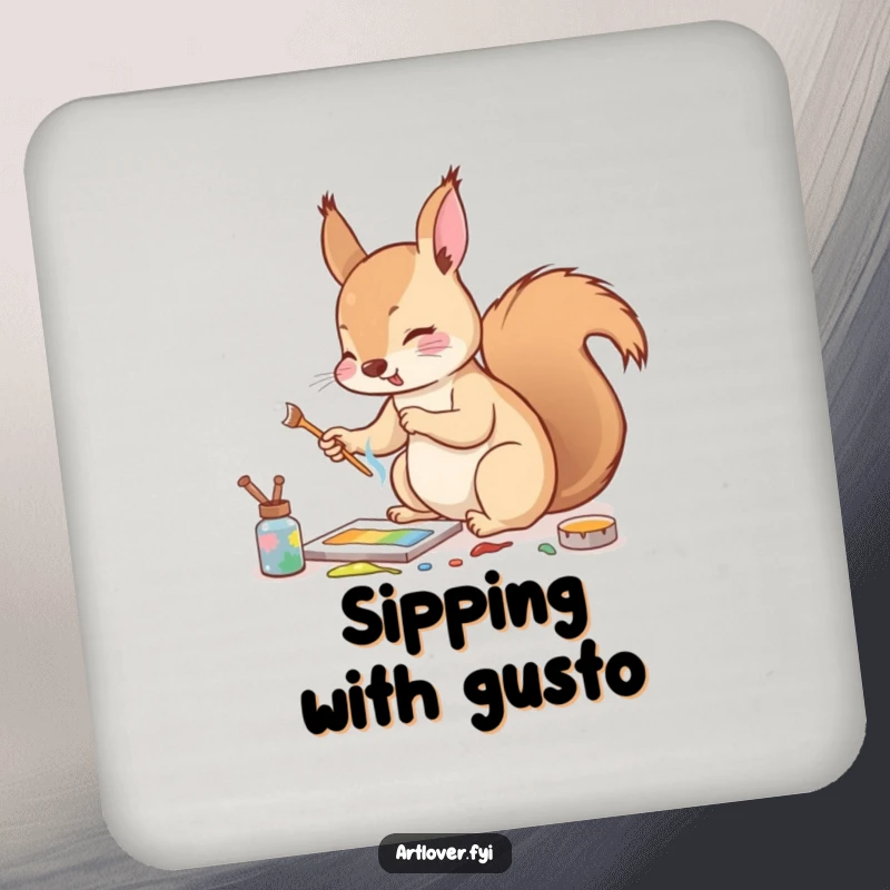 Funny coaster featuring an enthusiastic squirrel mixing paints with a tiny twig, adding artistic flair to drink service.