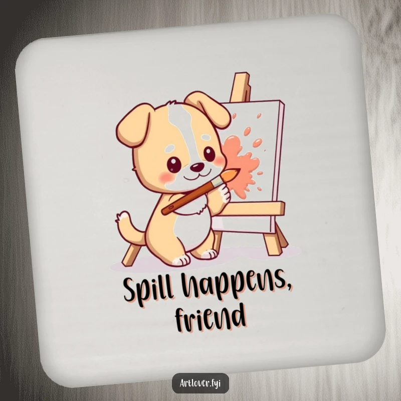 Funny Dog Artist Drink Coaster: Cute dog character happily splattering paint onto a canvas with a brush, protecting surfaces.