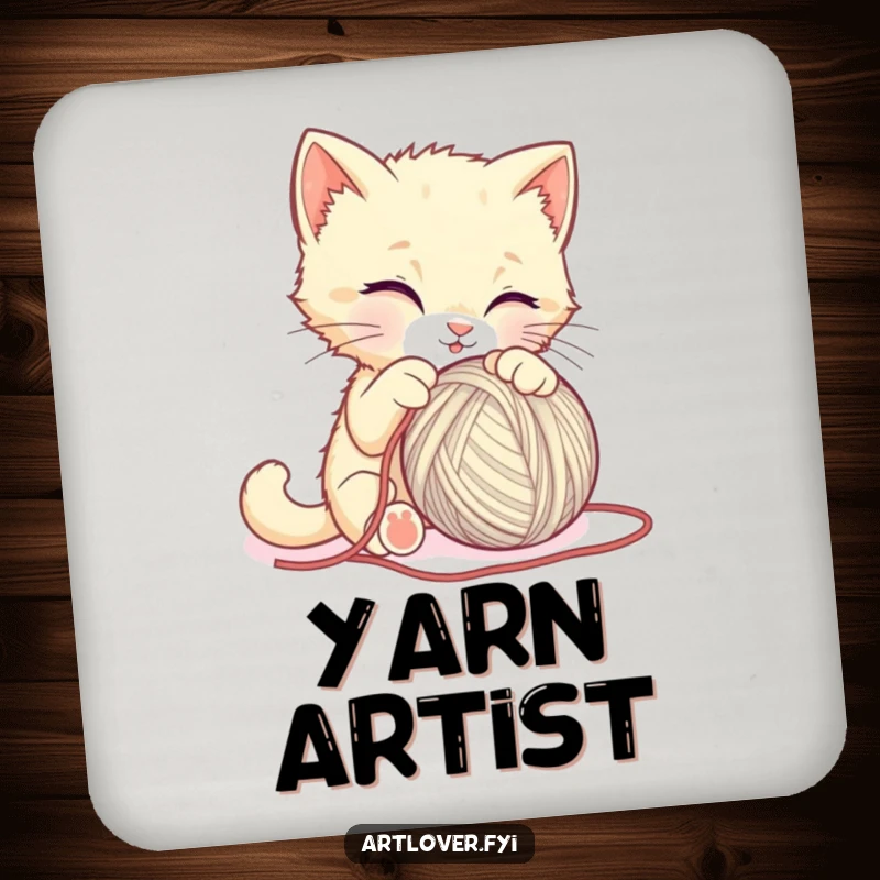Funny kitten coasters, a sweet cat hilariously attempting to sculpt a ball of yarn, protecting tabletops with charm.