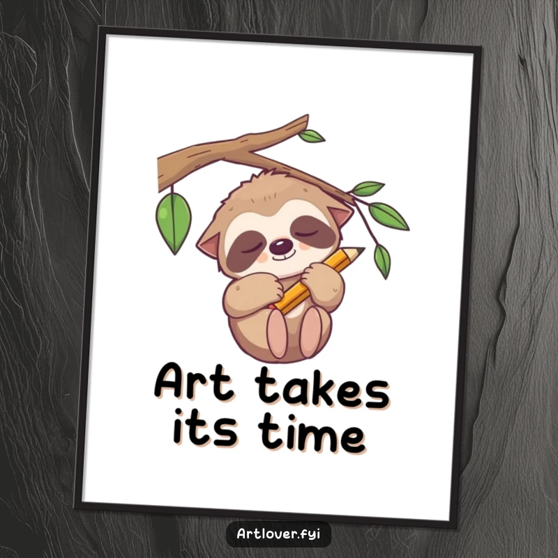 Funny sleepy sloth poster, hanging peacefully with a pencil, inspiring calm and creativity for home decor.
