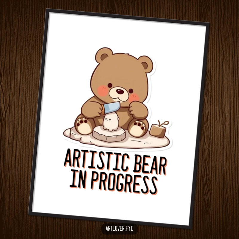 Funny bear with focused intensity skillfully carving a small statue with a chisel, presented as artisan wall art.