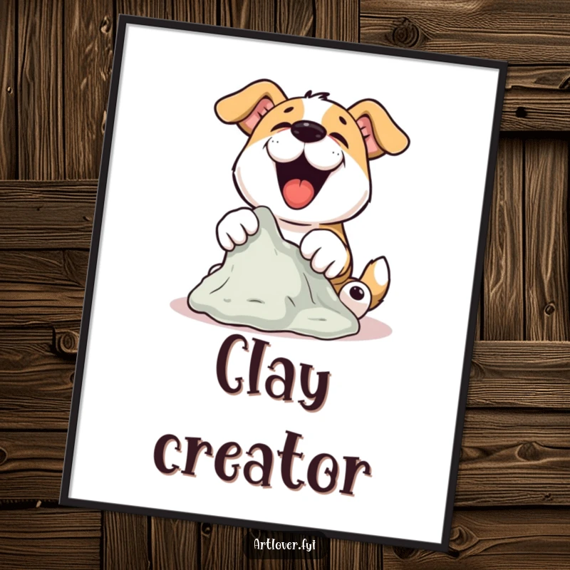 Funny Dog Sculptor Poster of a dog joyfully sculpting clay with its paws, great for wall art and as a funny gift.