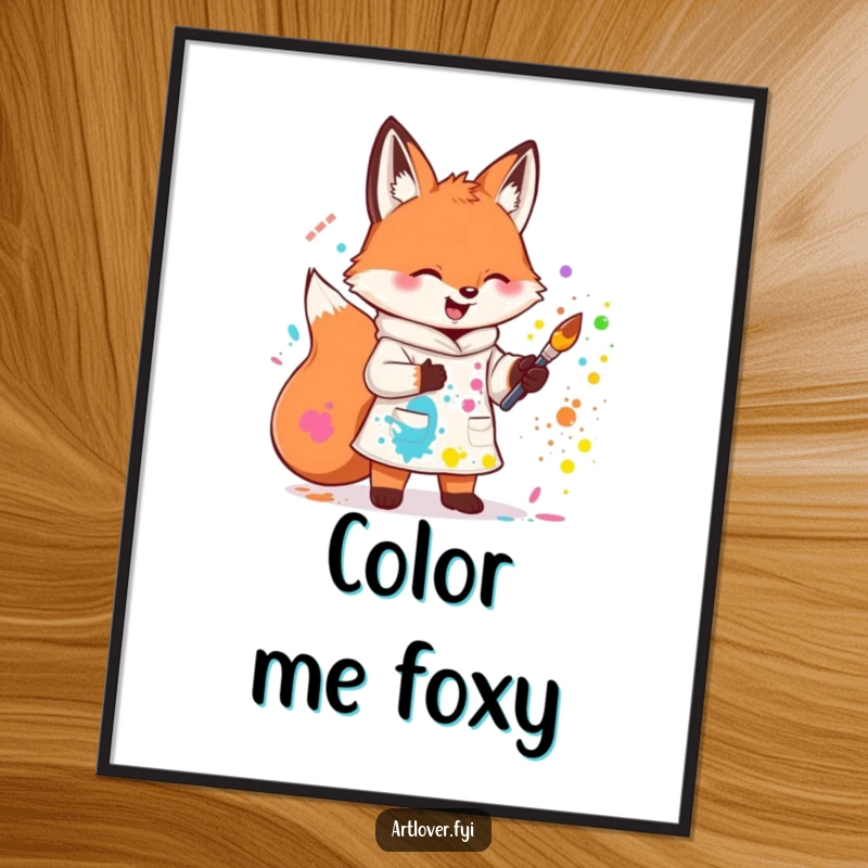 Funny poster showing a cute fox gleefully splattering colorful paint, embodying artistic expression. A vibrant wall decoration.