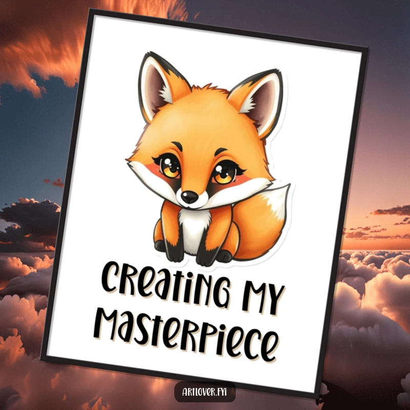 Funny fox with serious concentration drawing with a charcoal stick, presented as a humorous artist-themed wall art poster.