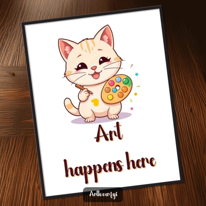 Funny artist cat poster, depicting a happy cat artist creating a colorful art splat, adding vibrant humor to walls.