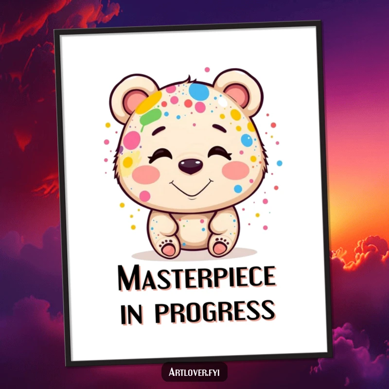 Funny Poster: A smiling bear artist proudly displaying its paint-covered self, looking like a walking, talking masterpiece, funny art gift.