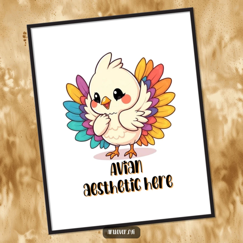 Funny poster print of a bird character humming contentedly while carefully arranging a vibrant array of colorful feathers, a whimsical art piece.