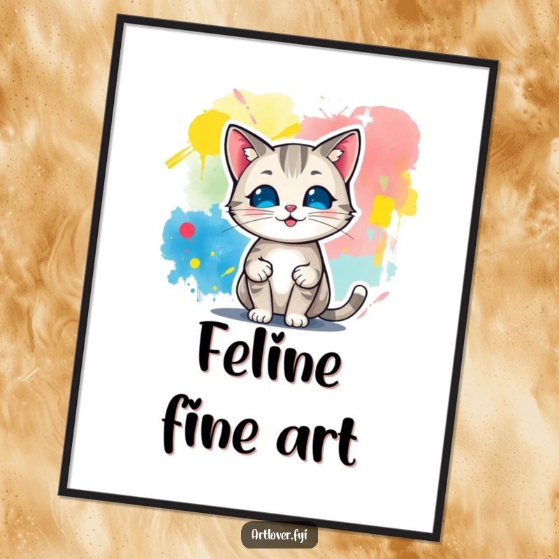 Funny poster print of a cat character proudly standing next to a large, vibrant abstract painting, highlighting feline artistic accomplishment.