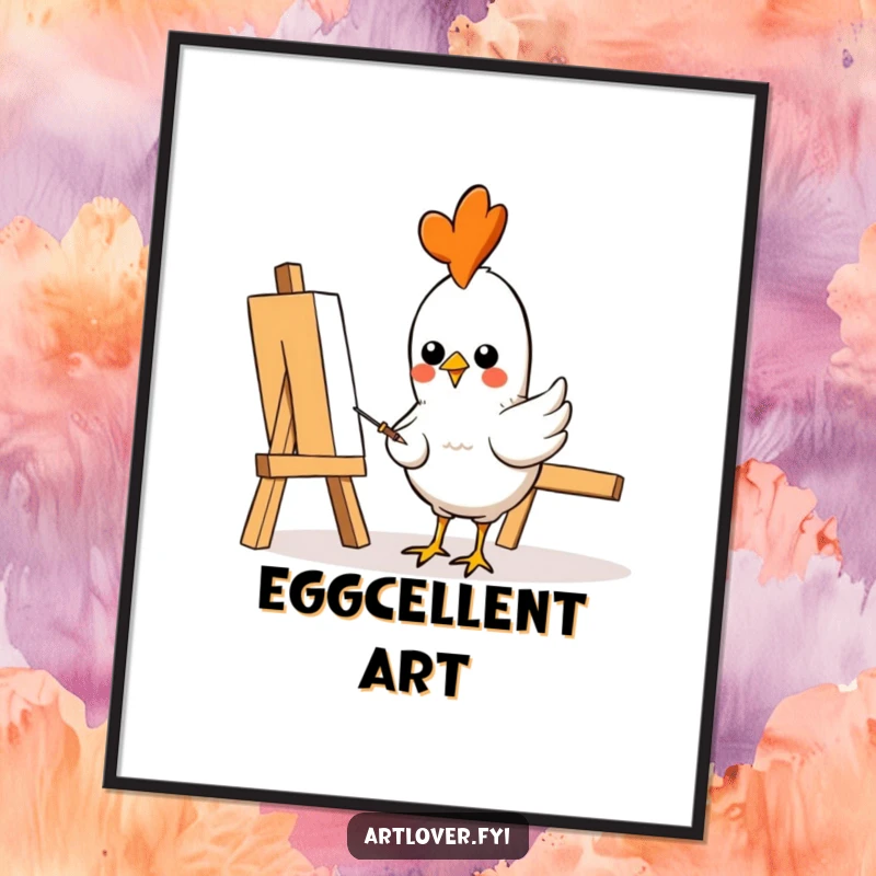 Funny Poster: A cheerful chicken artist pecking intently at a canvas, creating abstract art with paint splatters, funny artistic piece, great gift.