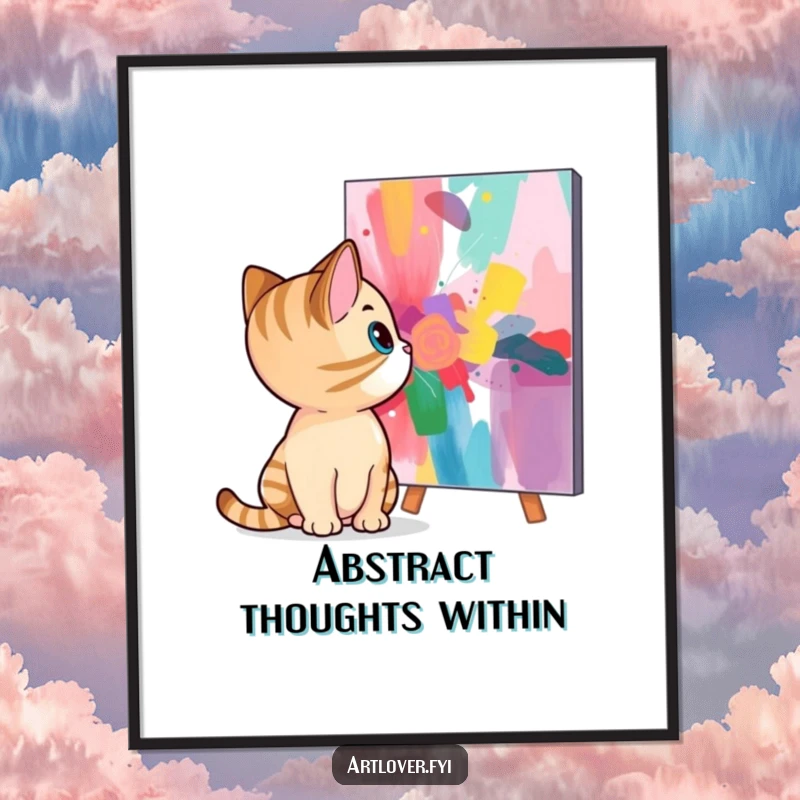 Funny cat poster featuring a curious cat mesmerized by a vibrant and colorful abstract painting, bringing artistic humor to any wall.