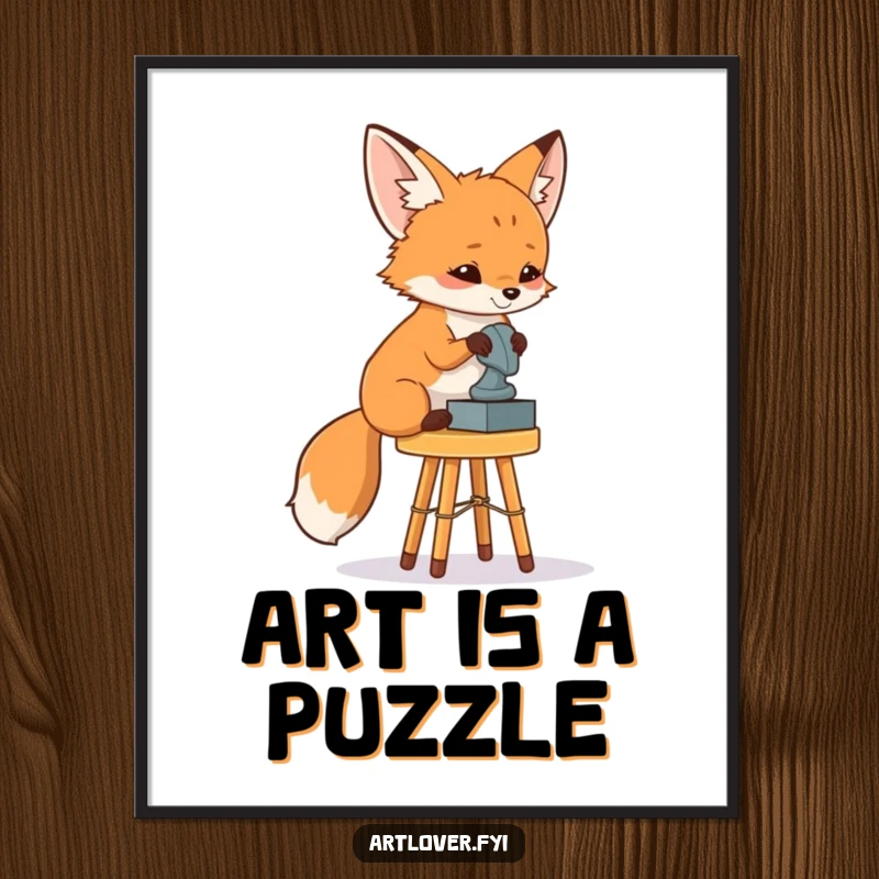 Funny Fox Art Critic Poster: A curious fox artistically examining a sculpture, perfect for bringing humor and contemplation to decor.