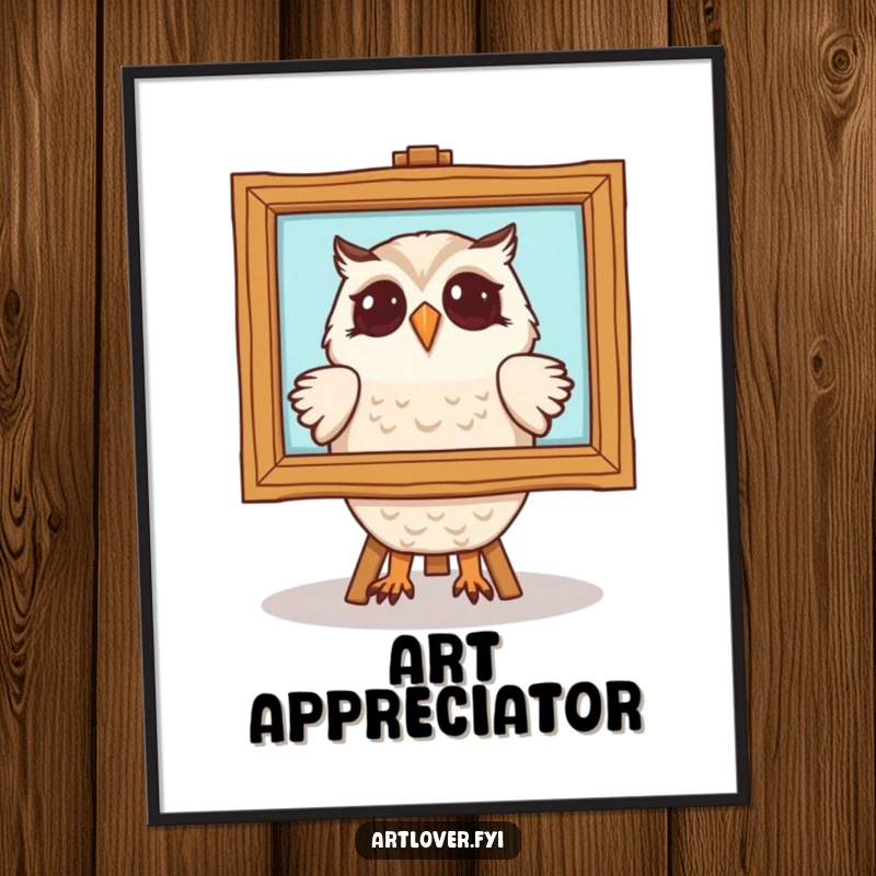 Funny owl poster with a delighted owl character admiring a framed painting. Sophisticated and humorous wall art for any discerning individual.