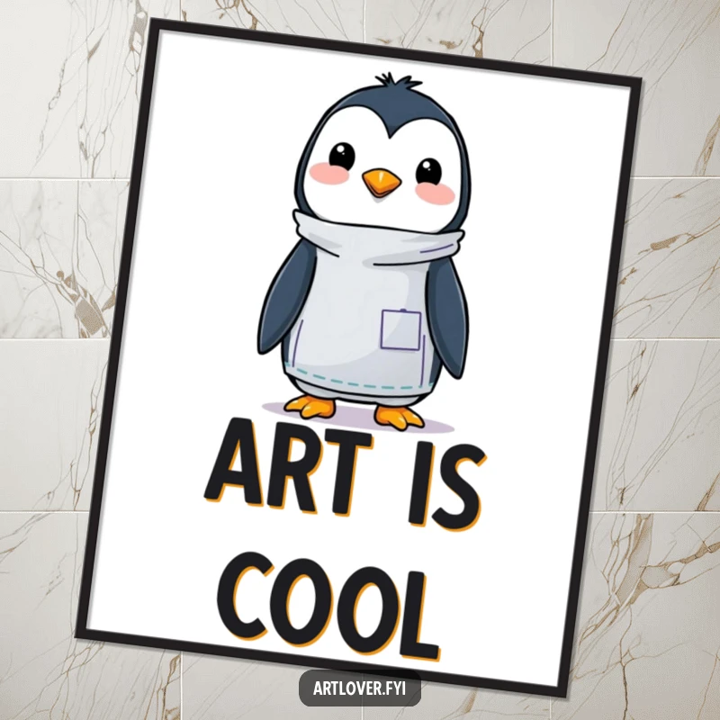 Funny poster depicting a happy penguin artist in a smock, enthusiastically painting a picture, adding charm to any wall decor.