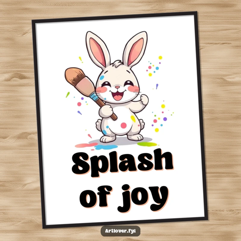 Funny Rabbit Artist Poster: Joyful cartoon rabbit holding a large paintbrush, splattering a spectrum of bright colors across the canvas.