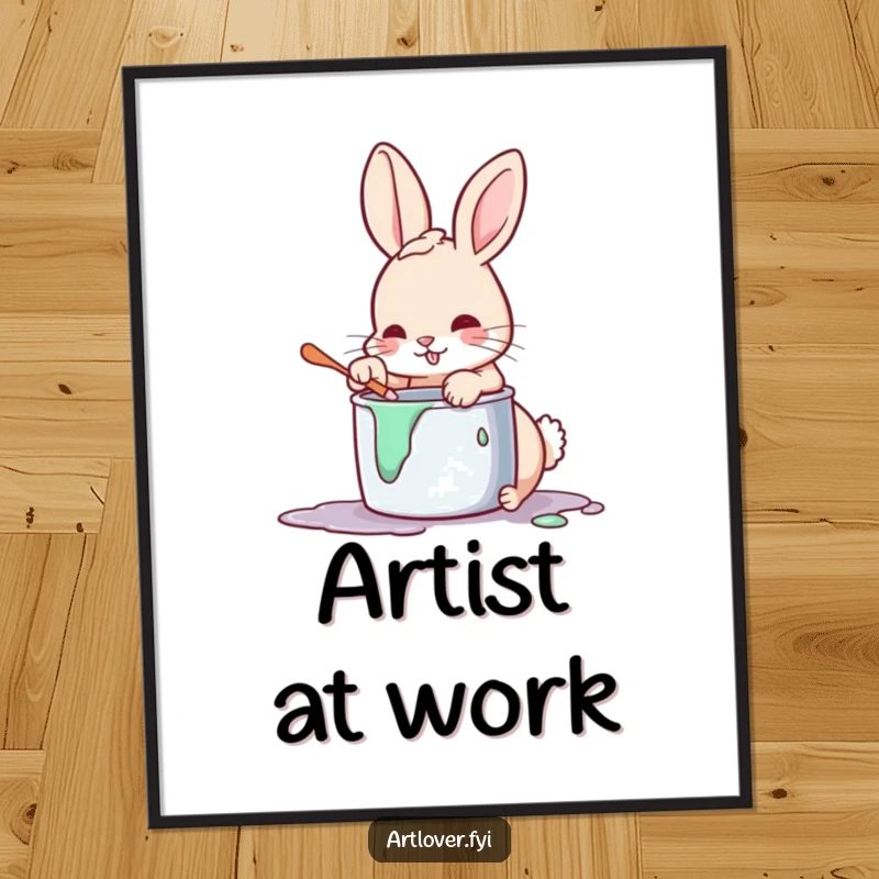 Funny rabbit painter poster, a vibrant artwork of a cute bunny dipping its paw into a large pot of colorful paint.