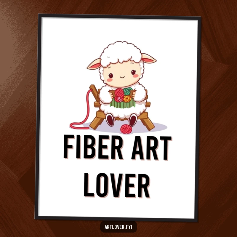 Funny poster of a fluffy sheep happily weaving colorful yarn on a small loom, celebrating the joy of crafts and creativity.