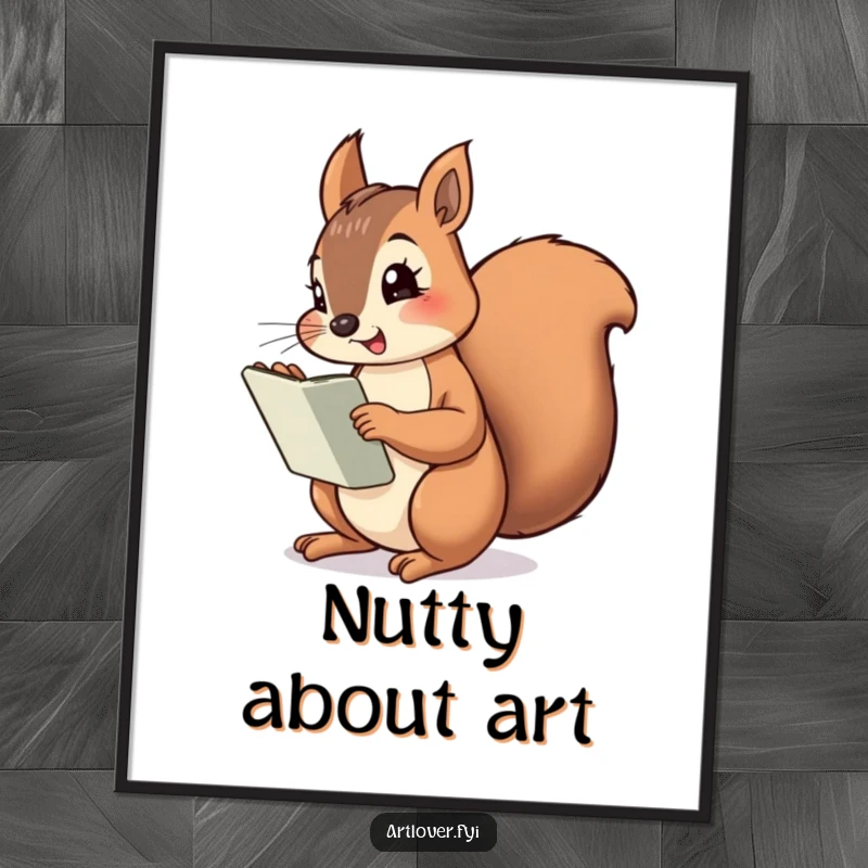 Funny Squirrel Artist Poster featuring a cheeky squirrel with a sketchbook, drawing a giant nut, bringing artistic charm and humor.