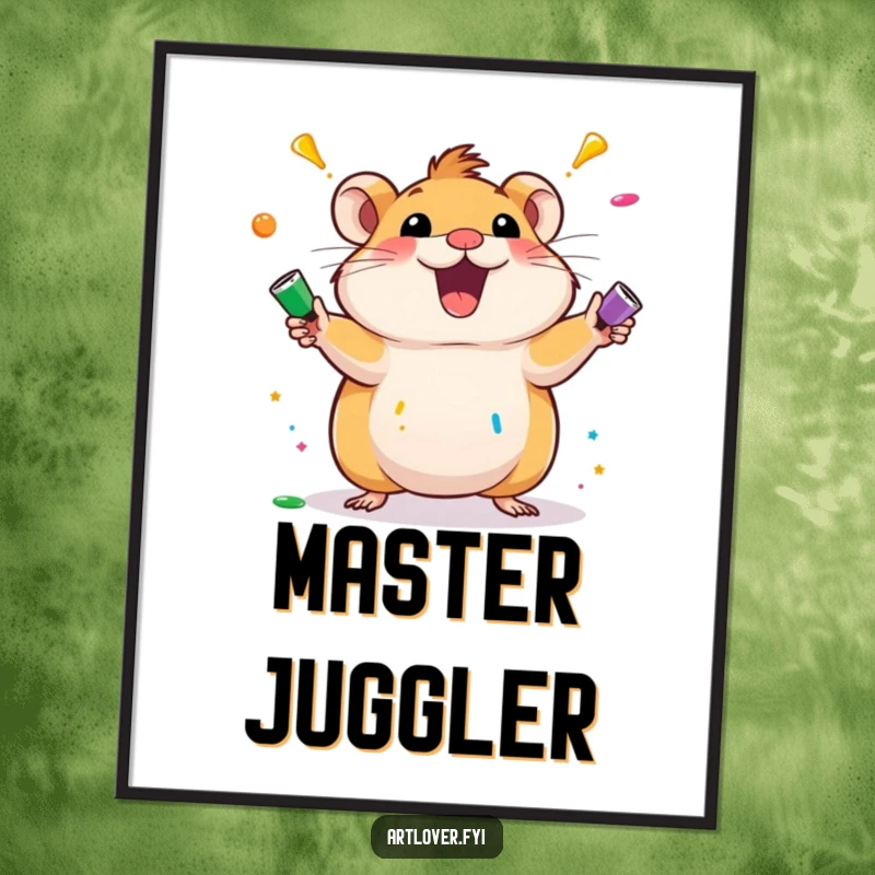 Funny hamster poster showcasing an excited hamster character juggling colorful paint tubes. Vibrant and humorous wall art for any creative space.