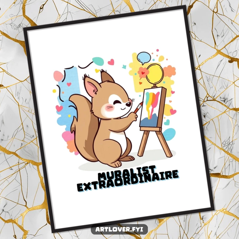 Funny poster of a playful squirrel painting a colorful mural with intricate detail.