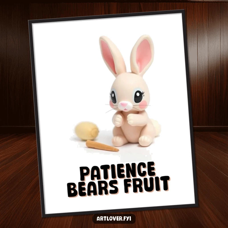 Funny poster featuring a rabbit with focused eyes carefully sculpting a small clay figure, celebrating detailed artistry.