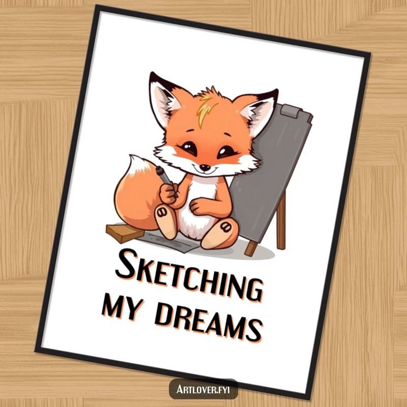 Funny fox cub poster, showing a mischievous cub artist drawing with charcoal, bringing a playful vibe to home decor.