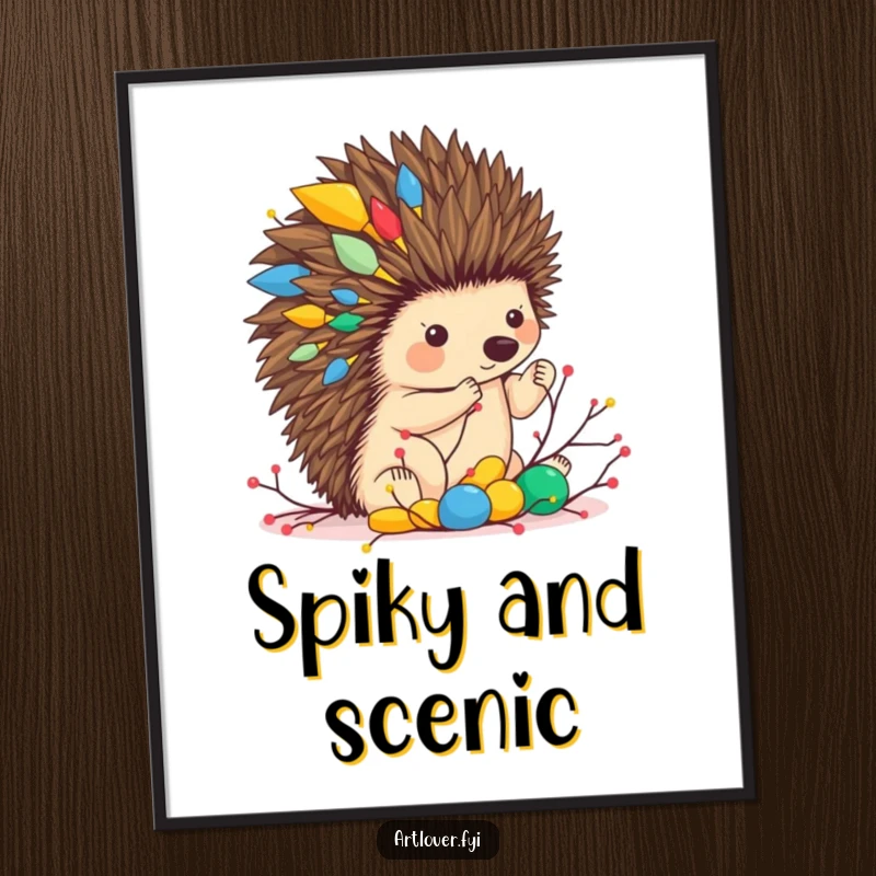 Funny poster of a hedgehog artist meticulously creating an abstract sculpture using small twigs, celebrating unique artistic expression.
