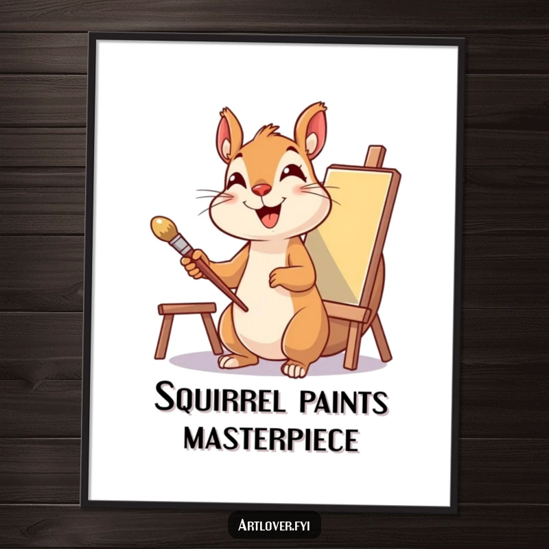 Funny Squirrel Artist Poster of a delighted squirrel with a paintbrush and canvas, bringing whimsical art to any room.
