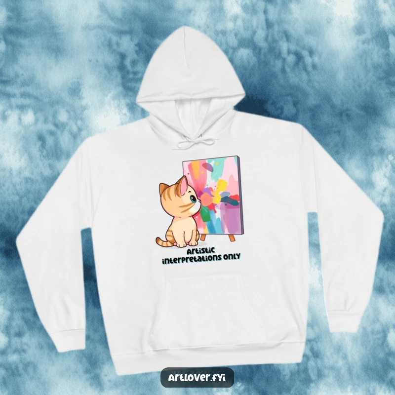 Funny cat hoodie showing a curious kitten deeply engrossed in a vivid abstract painting, offering warmth and artistic humor.