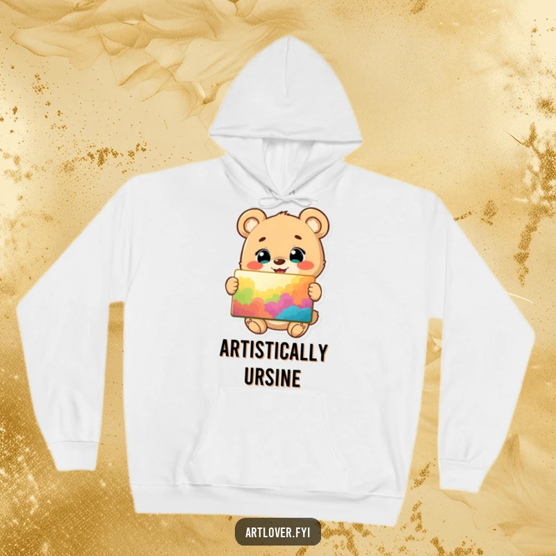 Funny hoodie with a happy bear cub character, bright-eyed and beaming, proudly holding up a vibrant and colorful painting.